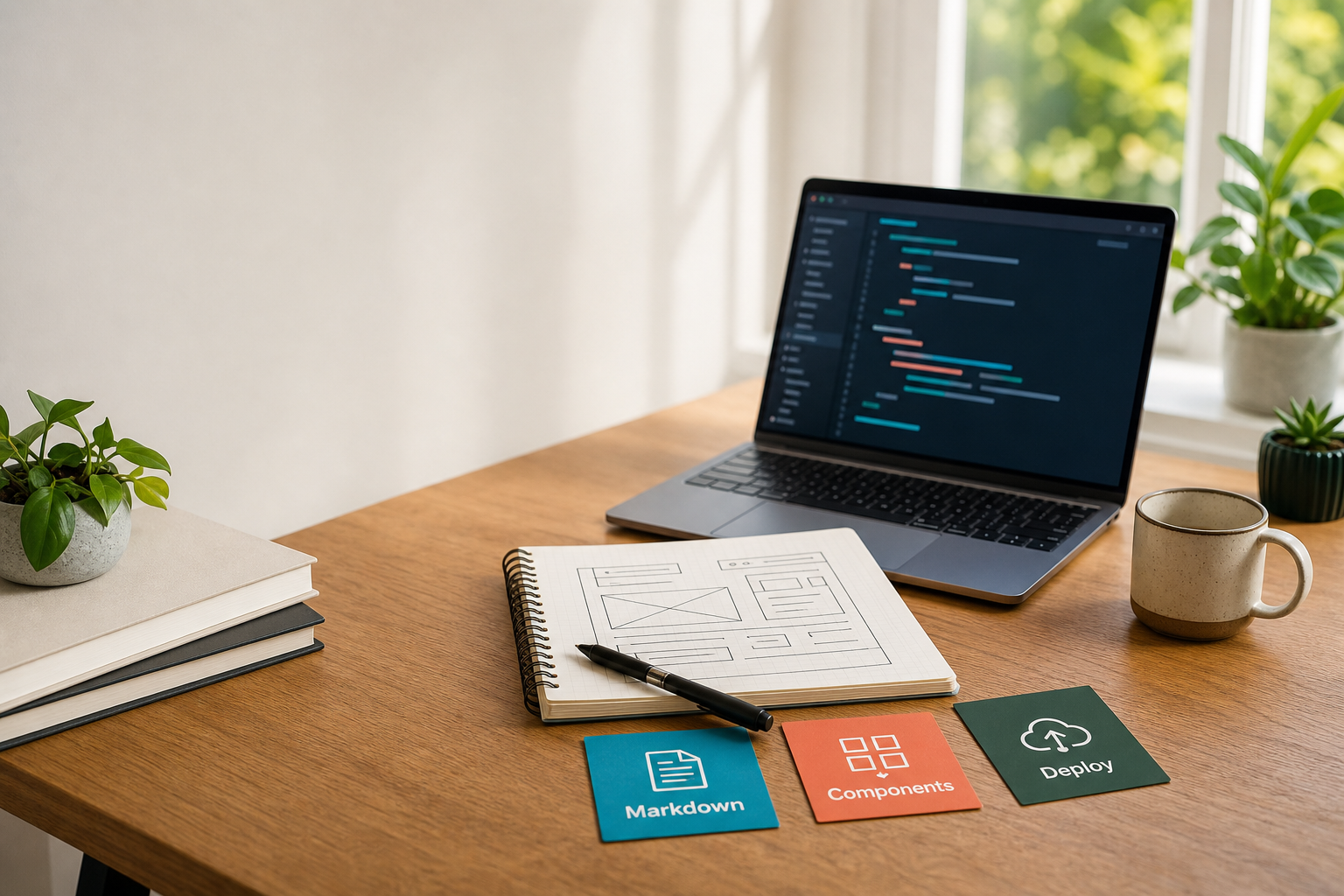 书桌上的笔记本电脑、前端草图和 Markdown、Components、Deploy 学习卡片